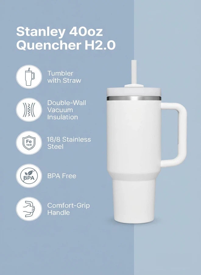Stanley 40oz Quencher H2.0 Tumbler White – Tumbler with Straw, Stainless Steel Vacuum Insulated Mug with FlowState Lid & Straw, Reusable Bottle for Cold & Hot Drinks, Stanley Mug - Image 2